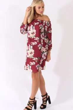 Rebellious Fashion Wine Floral Print Bardot Dress - Cammi