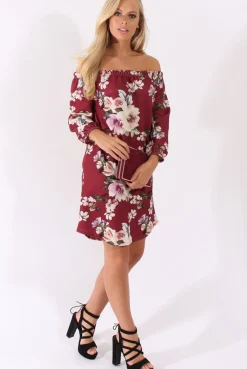 Rebellious Fashion Wine Floral Print Bardot Dress - Cammi