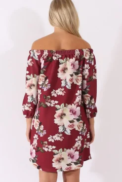 Rebellious Fashion Wine Floral Print Bardot Dress - Cammi
