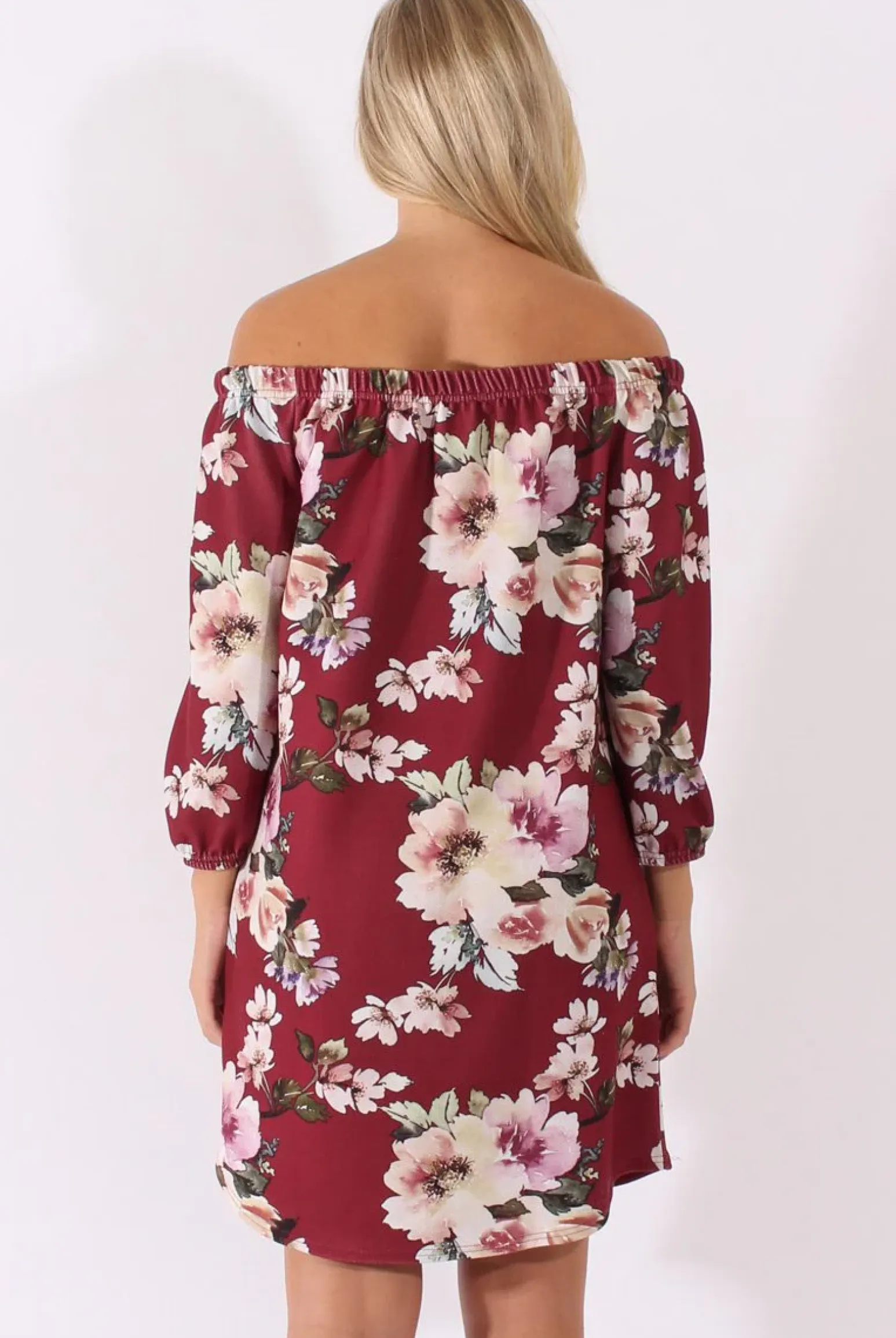 Rebellious Fashion Wine Floral Print Bardot Dress - Cammi