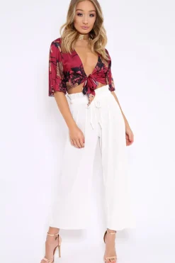 Rebellious Fashion Wine Floral Print Satin Tie Crop Top - Kynslee