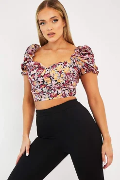 Rebellious Fashion Wine Floral Puff Sleeve Crop Top - Ellorie