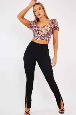 Rebellious Fashion Wine Floral Puff Sleeve Crop Top - Ellorie