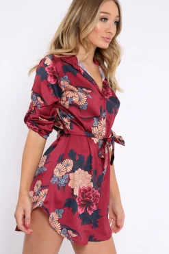 Rebellious Fashion Wine Floral Satin Shirt Tie Dress - Sophina