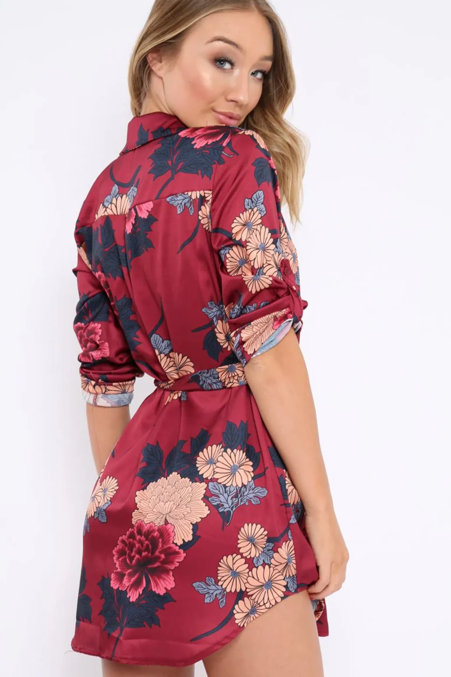 Rebellious Fashion Wine Floral Satin Shirt Tie Dress - Sophina