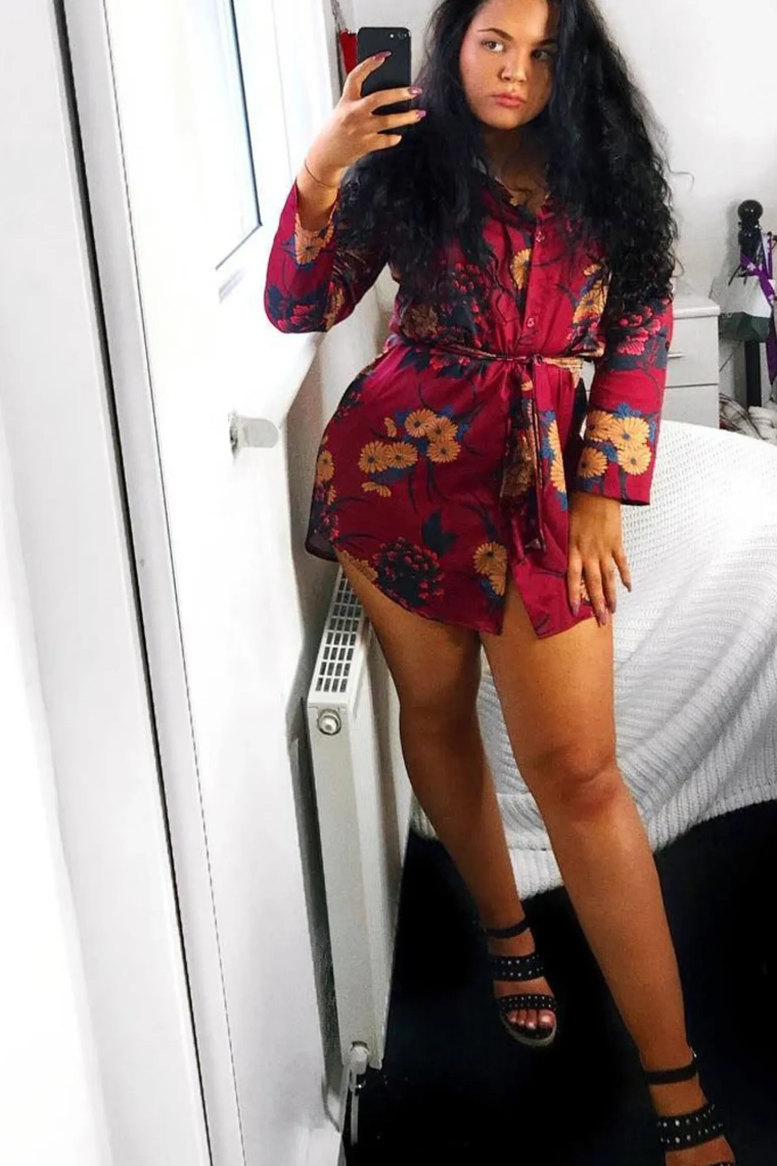 Rebellious Fashion Wine Floral Satin Shirt Tie Dress - Sophina
