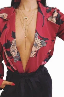 Rebellious Fashion Wine Flower Print Plunge Satin Bodysuit - Madelynn