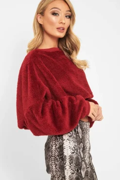 Rebellious Fashion Wine Fluffy Long Sleeve Crop Jumper - Noura