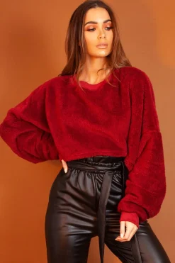 Rebellious Fashion Wine Fluffy Long Sleeve Crop Jumper - Noura
