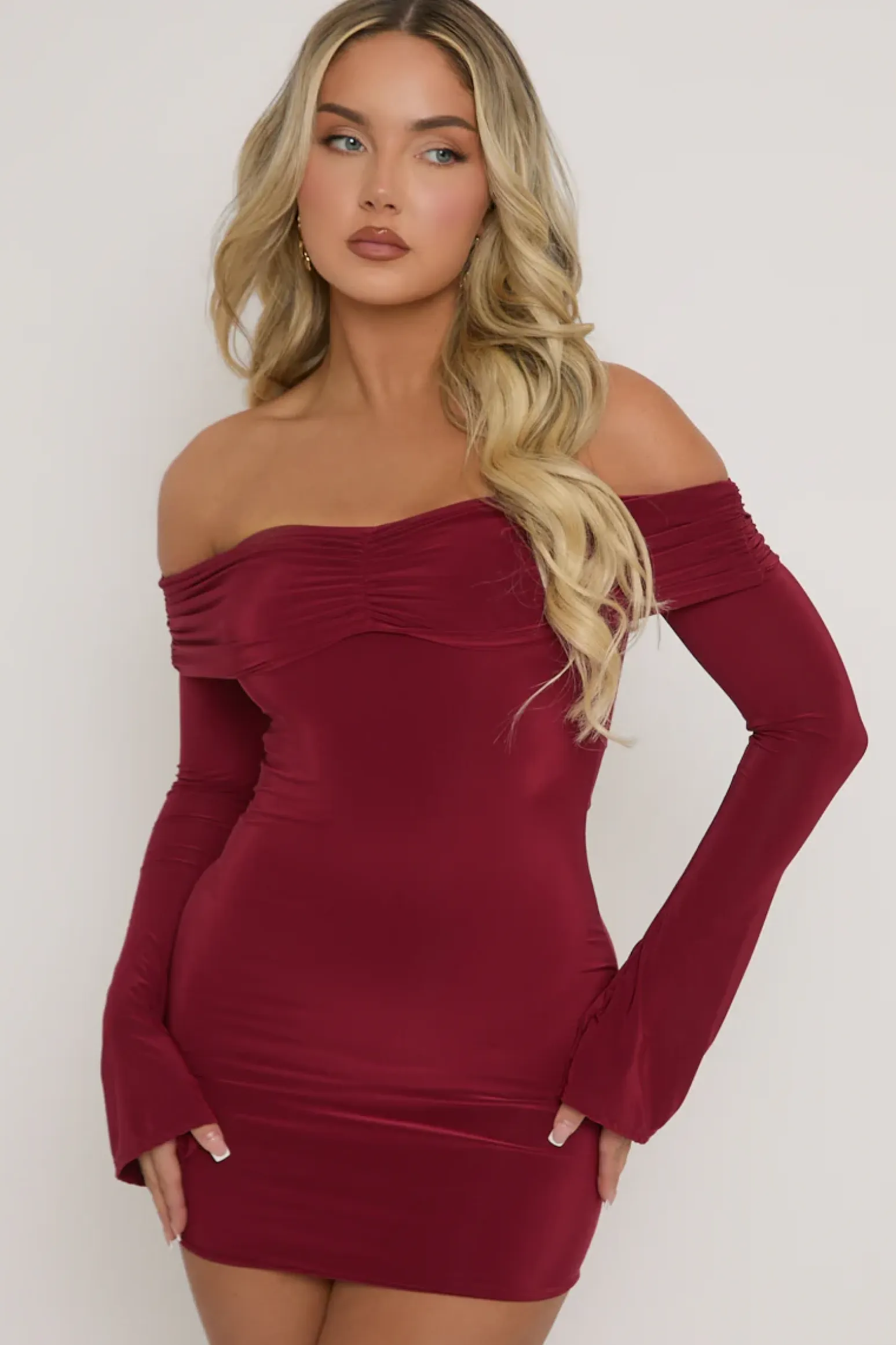 Rebellious Fashion Wine Fold Over Bardot Mini Dress - Shawna