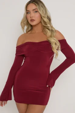Rebellious Fashion Wine Fold Over Bardot Mini Dress - Shawna
