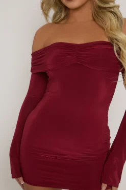 Rebellious Fashion Wine Fold Over Bardot Mini Dress - Shawna