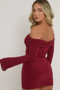 Rebellious Fashion Wine Fold Over Bardot Mini Dress - Shawna