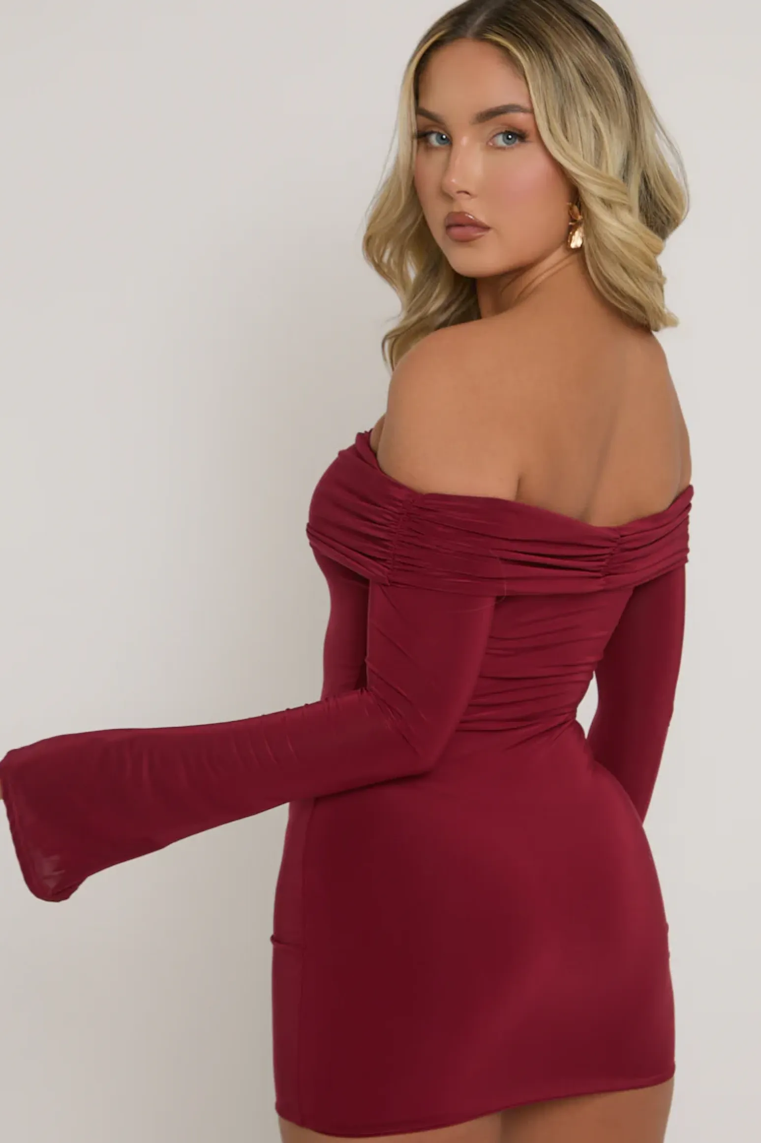 Rebellious Fashion Wine Fold Over Bardot Mini Dress - Shawna