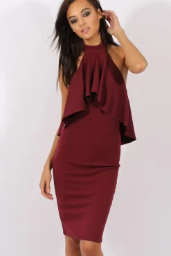 Rebellious Fashion Wine Frill Choker Midi Dress - Angela