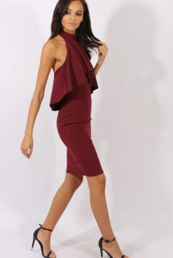 Rebellious Fashion Wine Frill Choker Midi Dress - Angela