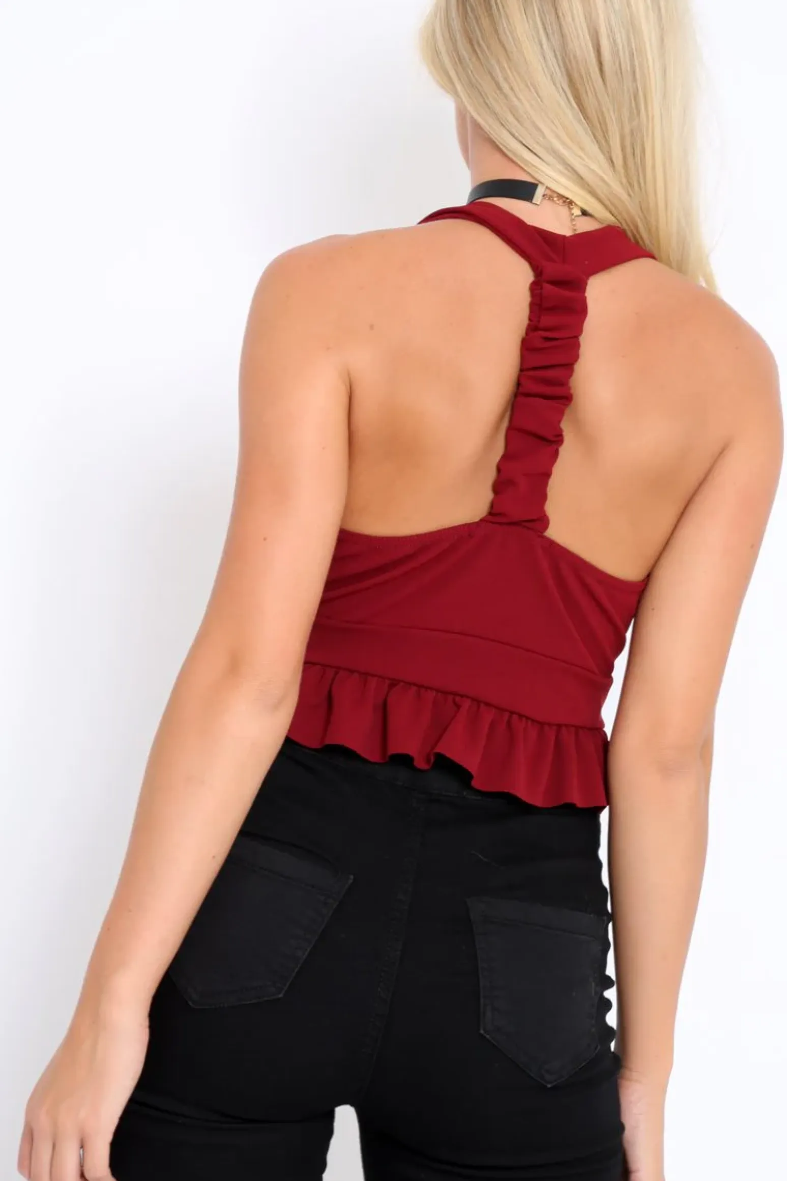 Rebellious Fashion Wine Frill Hem Racer Back Crop Top - Lucie