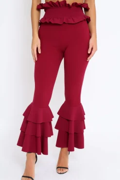 Rebellious Fashion Wine Frill Hem Triple Tiered Frill Hem Trousers - Karla