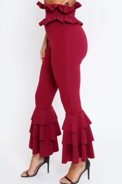 Rebellious Fashion Wine Frill Hem Triple Tiered Frill Hem Trousers - Karla