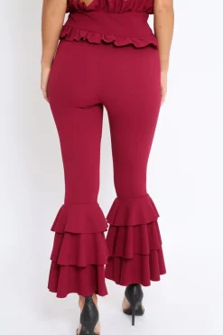 Rebellious Fashion Wine Frill Hem Triple Tiered Frill Hem Trousers - Karla
