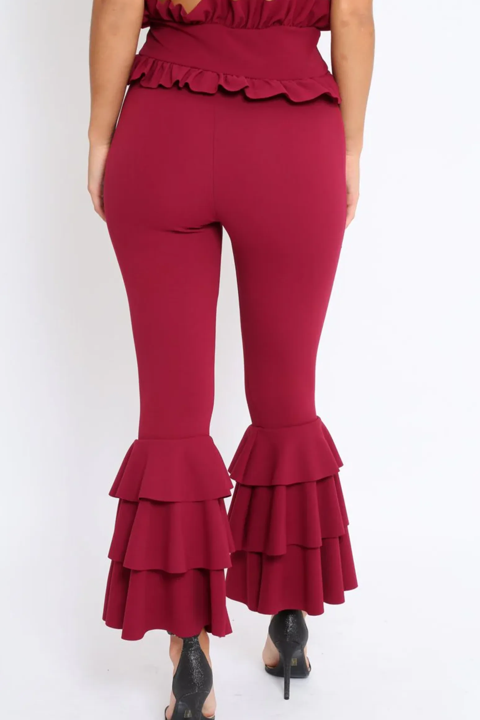 Rebellious Fashion Wine Frill Hem Triple Tiered Frill Hem Trousers - Karla