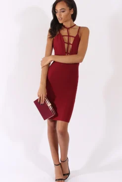 Rebellious Fashion Wine Front Harness Bodycon Dress - Nella