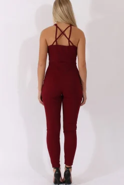 Rebellious Fashion Wine Front Harness Fitted Jumpsuit - Bette