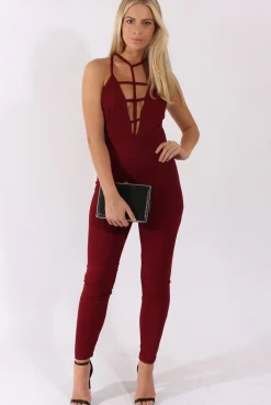 Rebellious Fashion Wine Front Harness Fitted Jumpsuit - Bette