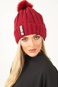 Rebellious Fashion Wine Glitter Chunky Knit Bobble Hat - Rubie