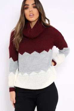 Rebellious Fashion Wine Grey and Cream ZigZag Patterned Roll Neck Jumper - Nataley