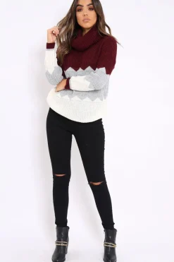 Rebellious Fashion Wine Grey and Cream ZigZag Patterned Roll Neck Jumper - Nataley