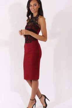 Rebellious Fashion Wine Halterneck Crochet Layer Midi Dress - Andie