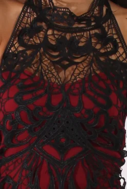 Rebellious Fashion Wine Halterneck Crochet Layer Midi Dress - Andie