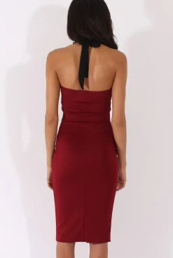 Rebellious Fashion Wine Halterneck Crochet Layer Midi Dress - Andie