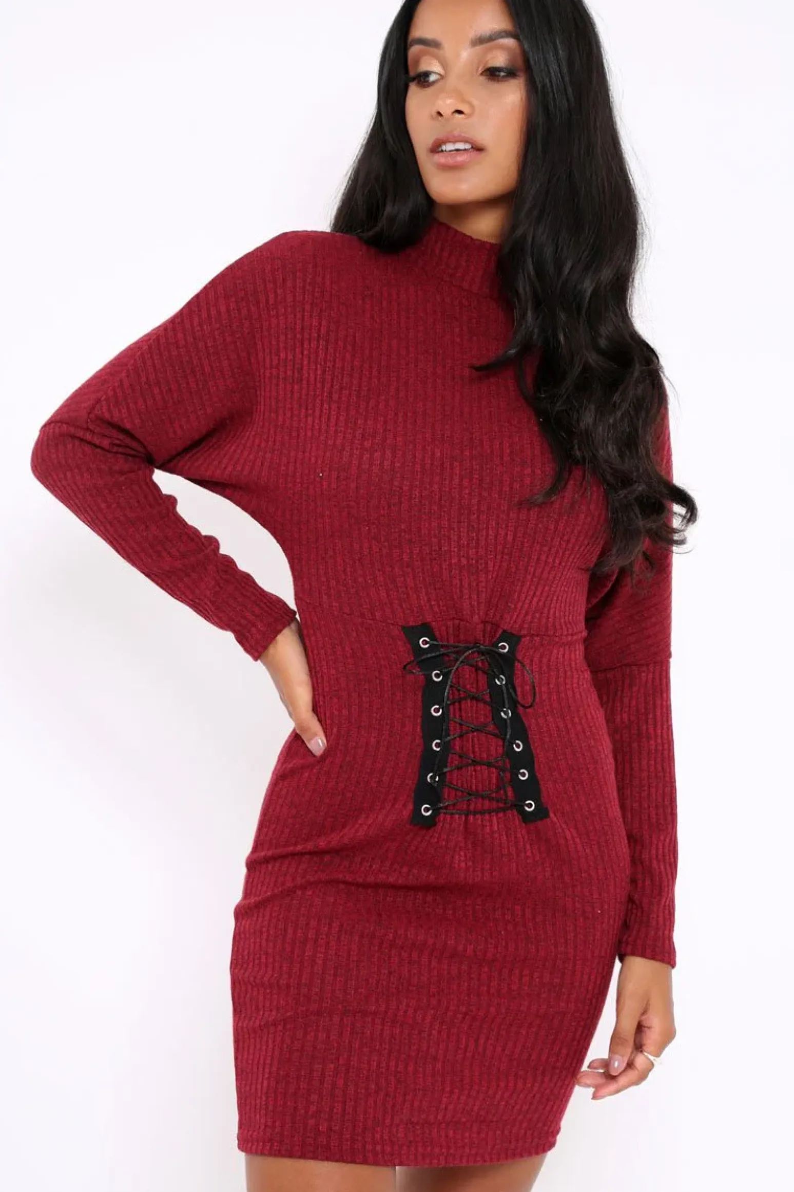 Rebellious Fashion Wine High Neck Corset Front Ribbed Jumper Dress - Miah
