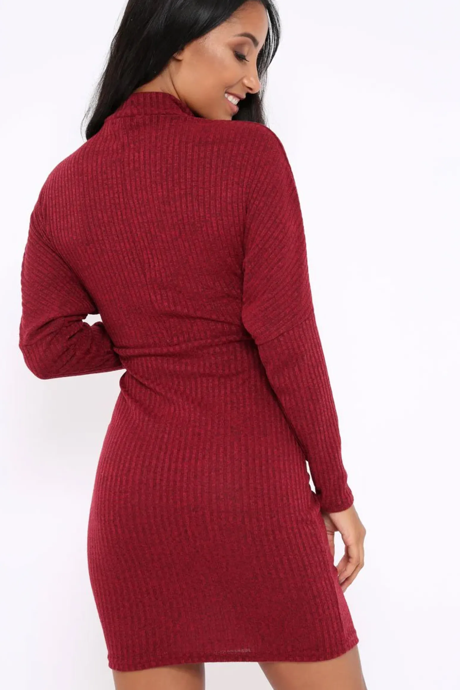 Rebellious Fashion Wine High Neck Corset Front Ribbed Jumper Dress - Miah