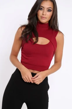 Rebellious Fashion Wine High Neck Cut Out Ribbed Crop Top - Jessica