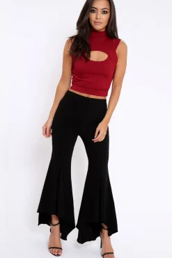Rebellious Fashion Wine High Neck Cut Out Ribbed Crop Top - Jessica