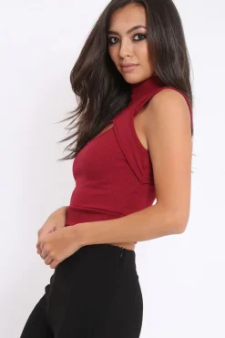 Rebellious Fashion Wine High Neck Cut Out Ribbed Crop Top - Jessica