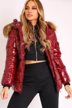 Rebellious Fashion Wine High Shine Fur Trim Puffer Coat - Stacia