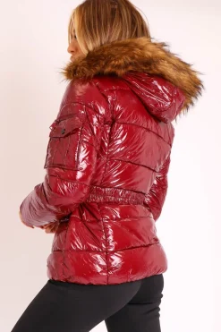 Rebellious Fashion Wine High Shine Fur Trim Puffer Coat - Stacia