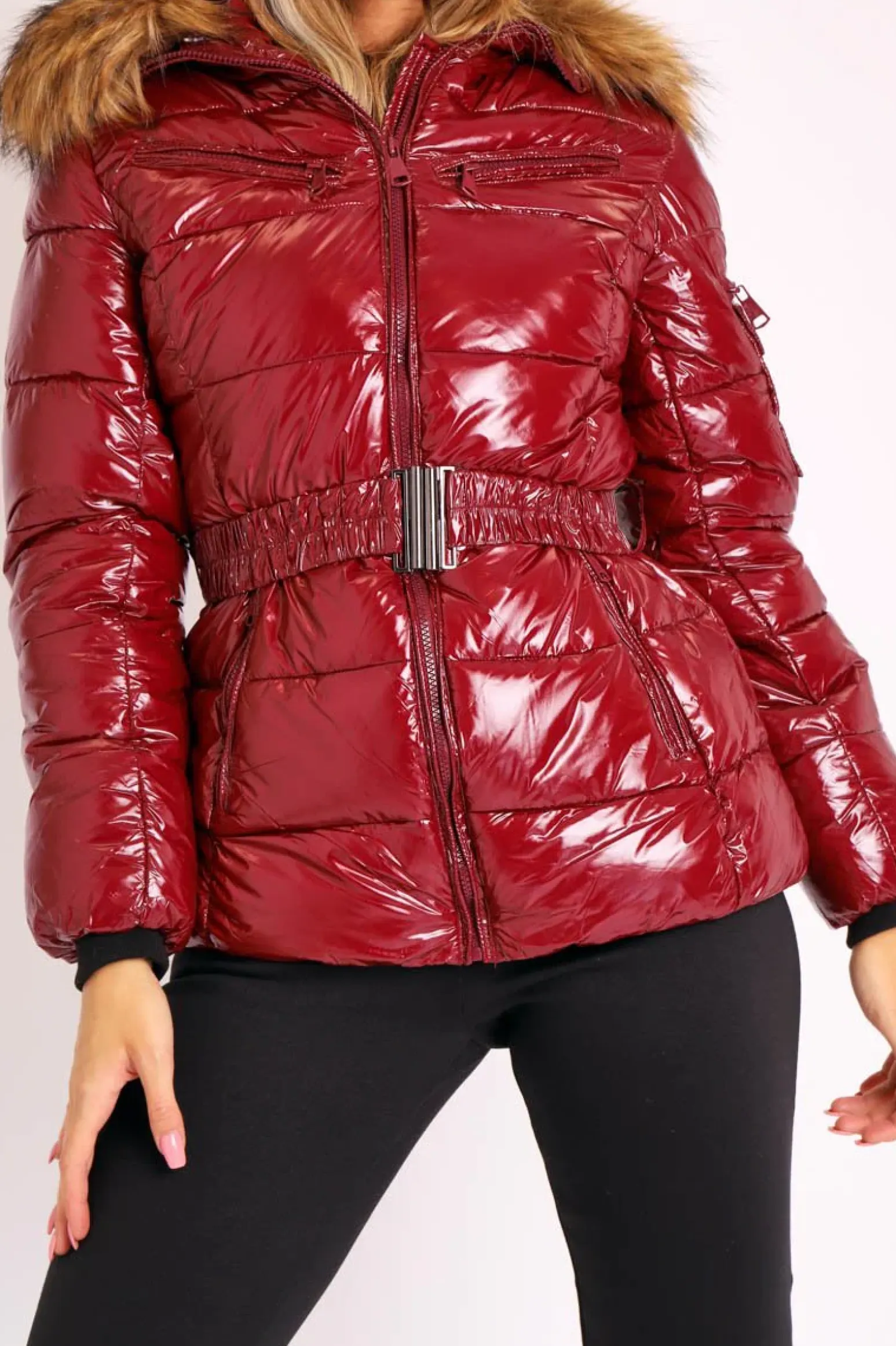 Rebellious Fashion Wine High Shine Fur Trim Puffer Coat - Stacia