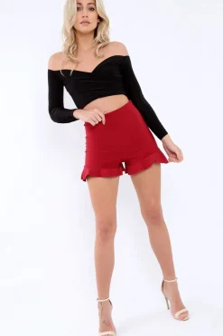 Rebellious Fashion Wine High Waist Frill Hem Shorts - Hope