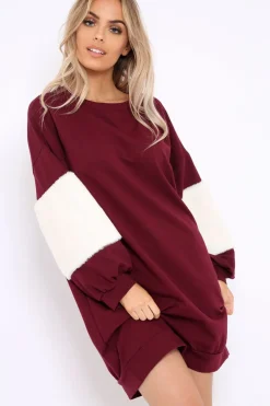Rebellious Fashion Wine Jumper Dress with Fur Sleeves - Paris