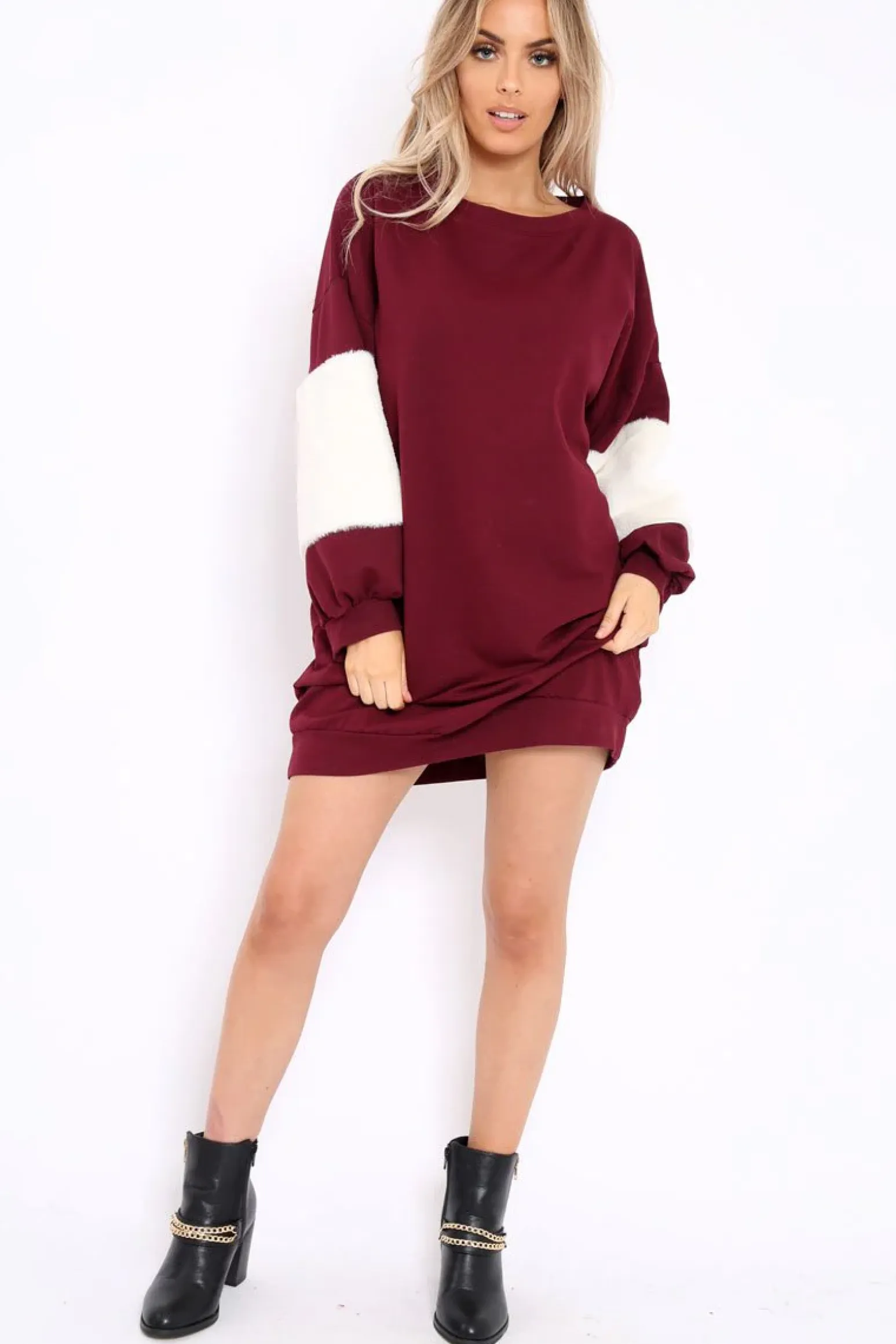 Rebellious Fashion Wine Jumper Dress with Fur Sleeves - Paris