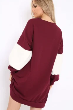 Rebellious Fashion Wine Jumper Dress with Fur Sleeves - Paris