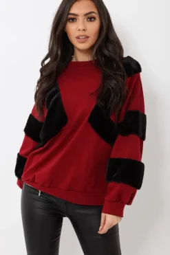 Rebellious Fashion Wine Jumper with Fur on Front and Sleeves - Mercedes