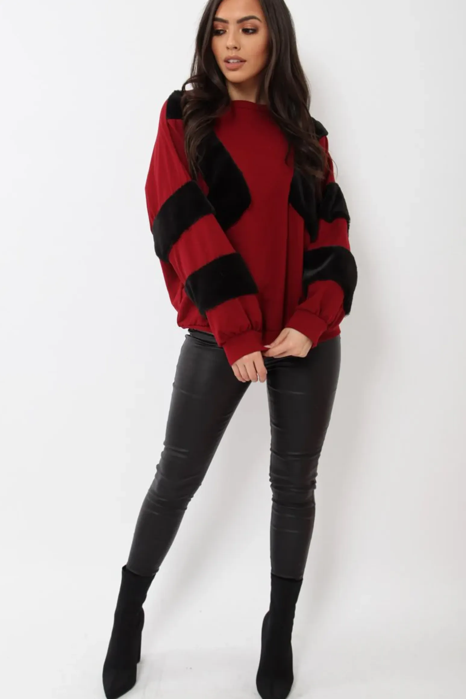 Rebellious Fashion Wine Jumper with Fur on Front and Sleeves - Mercedes