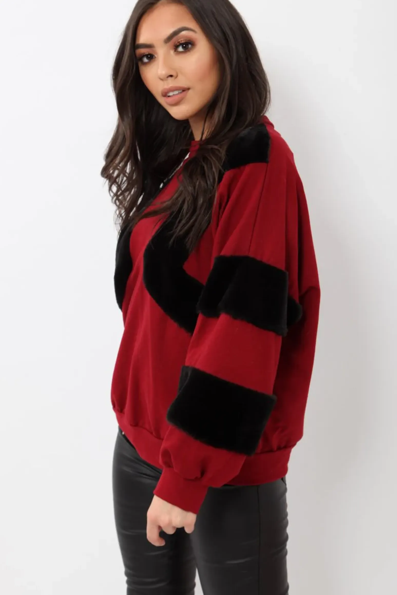 Rebellious Fashion Wine Jumper with Fur on Front and Sleeves - Mercedes