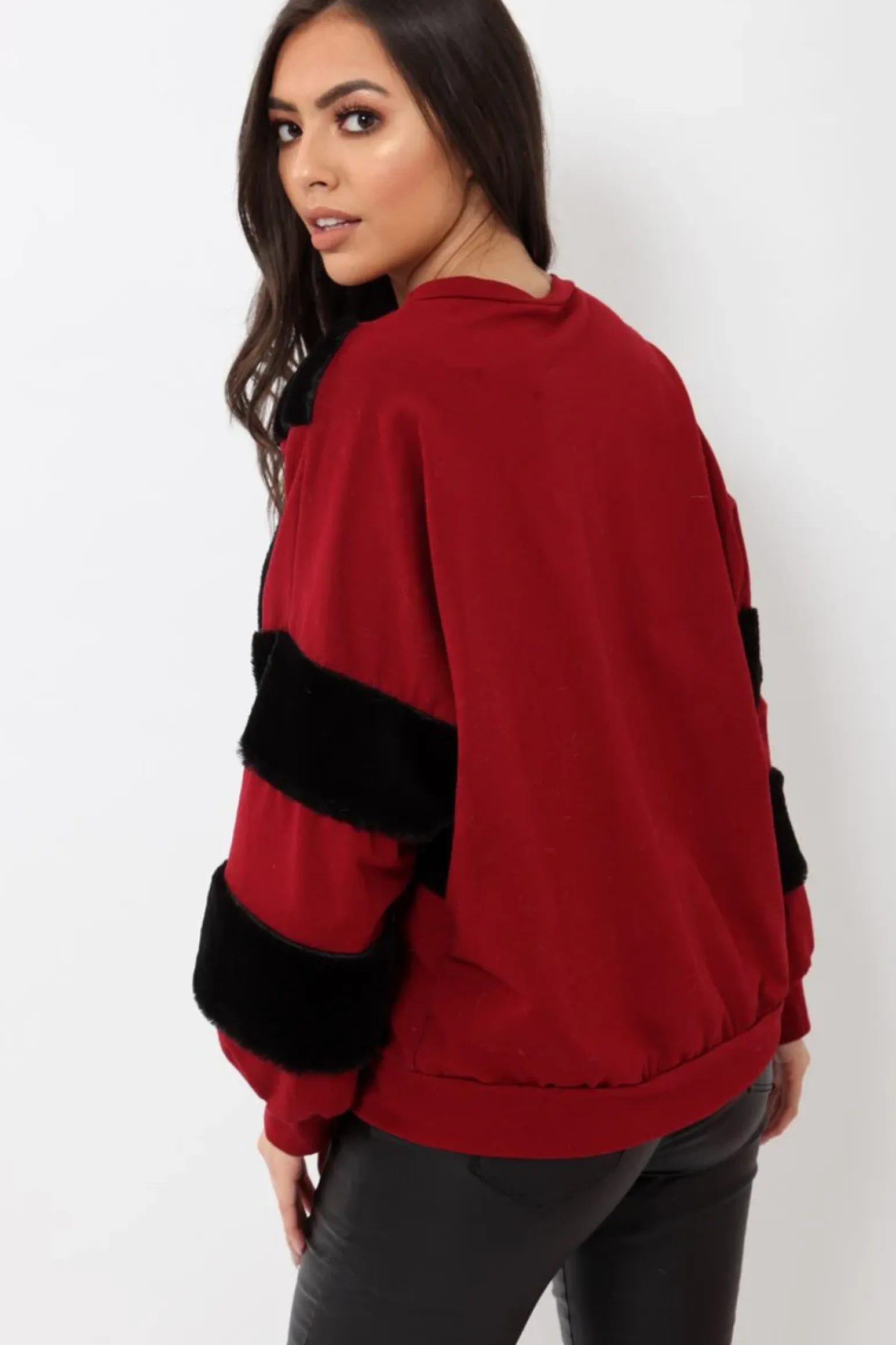 Rebellious Fashion Wine Jumper with Fur on Front and Sleeves - Mercedes
